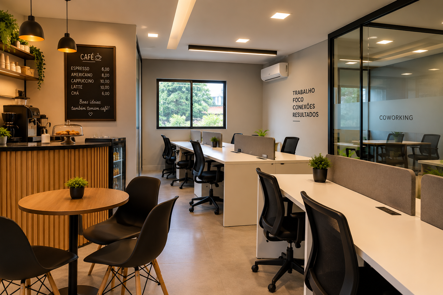 Escritório com estações de trabalho, sala de reunião e cafeteria